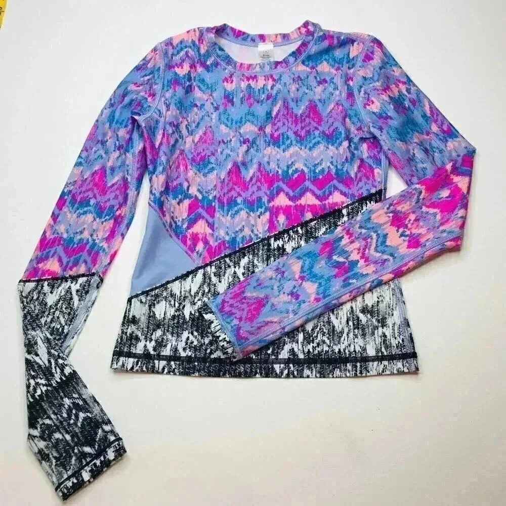 Ivivva Kids Swim Rash Guard - Pink and Blue Pattern